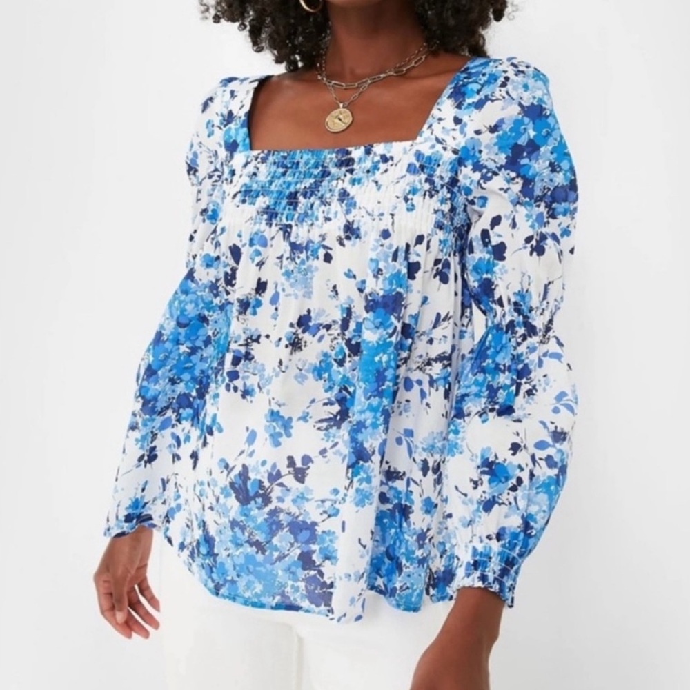 Tuckernuck Blue and White Floral Smocked Square-Neck Blouse